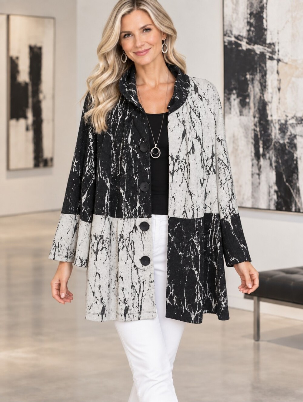 Ali Miles Two-Tone Abstract Print Lightweight Jacket/Shacket Lagenlook